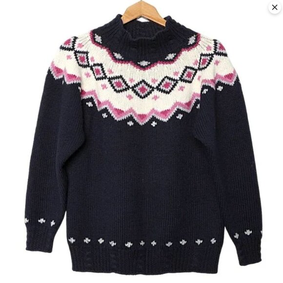 Vintage St Michael Fair Isle Wool Blend Sweater Pullover Navy Blue White Pink - Picture 13 of 13